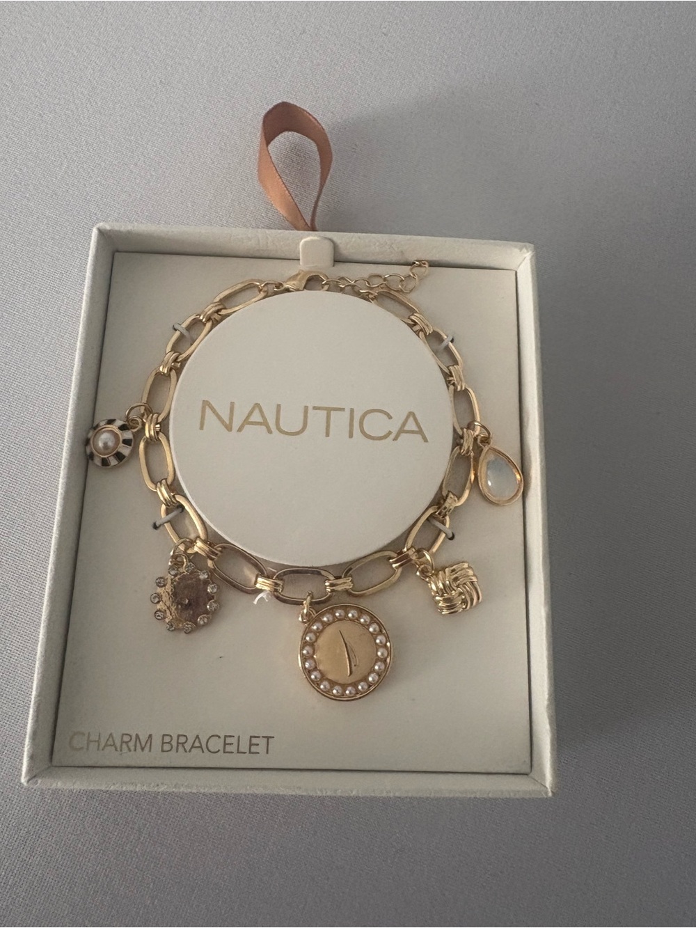 Nautica Gold-Tone Charm Link Bracelet with Pearl Accents